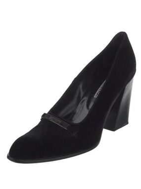 Moschino Black Velvet Block Heel Pump with Logo Strap